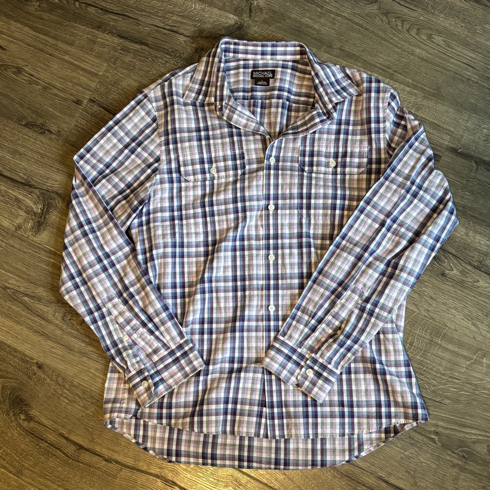 Michael Kors Purple, Blue and White Casual Button Down Shirt